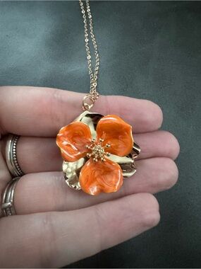 Gold Plated Orange Floral Pendant Necklace - Women Jewelry